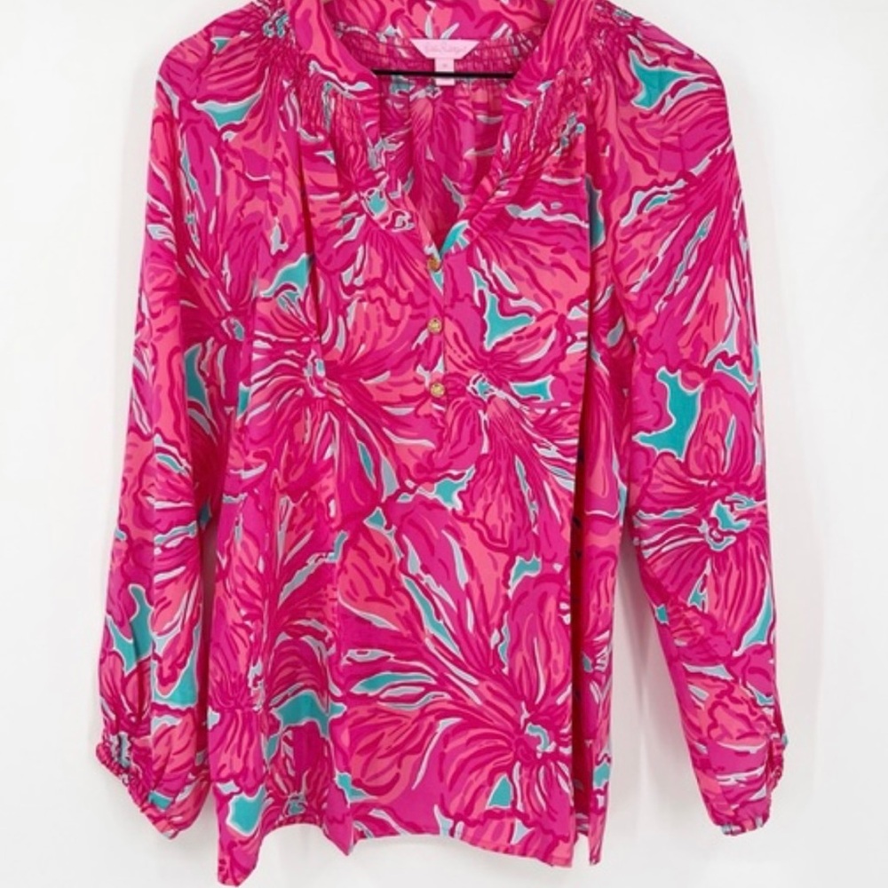 Lilly Pulitzer size L Elsa silk top Sea Blue Flirty Resort Chic